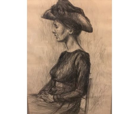 William Bulger (British, 20th Century), portrait of June Furlong wearing a hat, signed l.r., charcoal, 48 by 34cm, framed&nbs