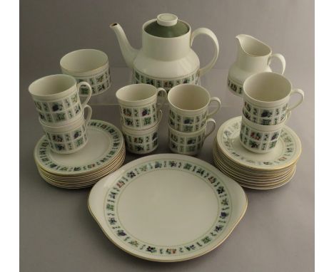 A Royal Doulton Tapestry pattern tea service for an eight place setting: Teapot, sugar, creamer, eight cups and saucers, side