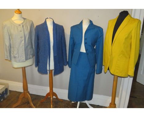 A collection of costumes to include a teal coloured linen suit with a top pocket made by Bernard Klein, the jacket has a half