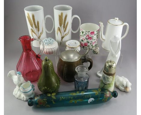 A group of mainly twentieth century ceramics and glass to include: two Herend figures, Royal Worcester, a glass rolling pin, 