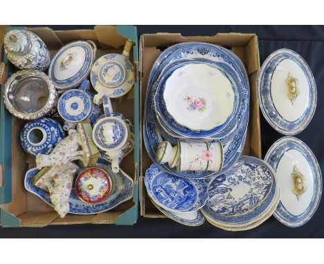 A mixed group of ceramics to include blue and white transfer-printed wares; Willow, Spode Italian, Crown Derby, Royal Worcest