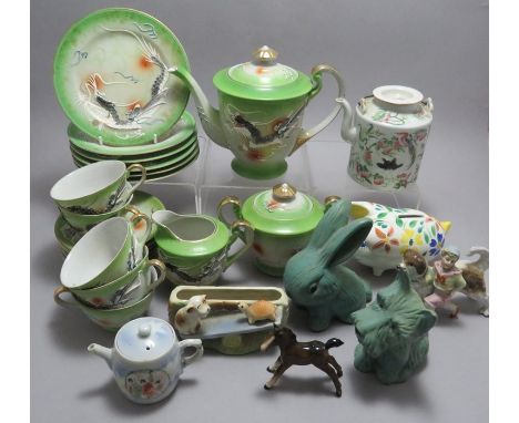 An early twentieth century Japanese tea service moulded with dragons and picked out in colours. Together with a group of othe