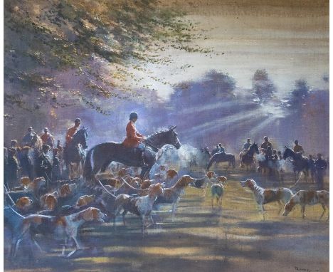 David Trundley (British, 1949), Exmoor Foxhounds, Lanacre, signed l.r., oil on canvas, 90 by 110cm, framedProvenance: acquire
