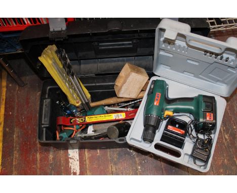 A toolbox and contents and a battery powered drill  collection only 