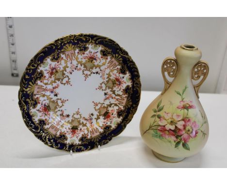 A Royal Crown Derby Plate and Royal Worcester blush ivory vase 