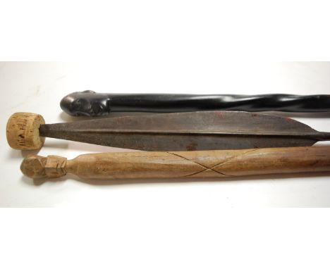 A mid-20th century tribal spear; together with a turned ebony walking stick and one other (3) Condition Report / Extra Inform