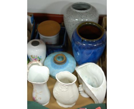 Mixed ceramics to include; stoneware vases, iridescent glass oil lamp reservoir etc 