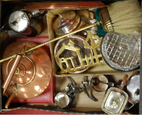 A box of metalware to include; copper range kettle, plated coasters etc
