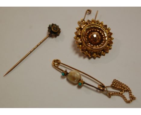 A 9ct gold brooch and seed pearl set gold bar brooch, and a diamond point set tiepin (3)