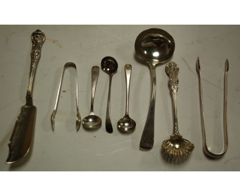 Assorted silverware to include; sifting spoon, butter knife, sugar bows, sauce ladle, and sundry preserve spoons etc, various