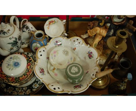 Two boxes of miscellaneous china etc to include large Capo di Monte figure, Wedgwood green jasper ware trinket jar and cover,
