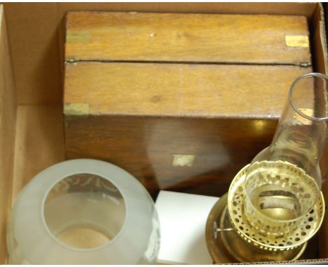 A 19th century mahogany writing box, and a lacquered brass pedestal oil lamp, and a cased paper weight (3) 