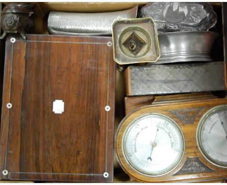 A box of miscellaneous items to include Victorian rosewood and mother of pearl inlaid box, oak cased barometer, pewter vase, 