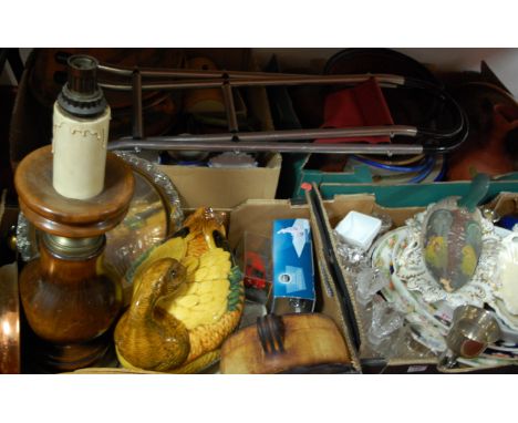 Four boxes of sundries to include; table lamp, folding seat, mixed ceramics, glass etc 