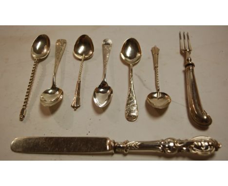 Assorted silver and white metal wares to include; butter knife, sundry tea and coffee spoons, pickle fork etc 