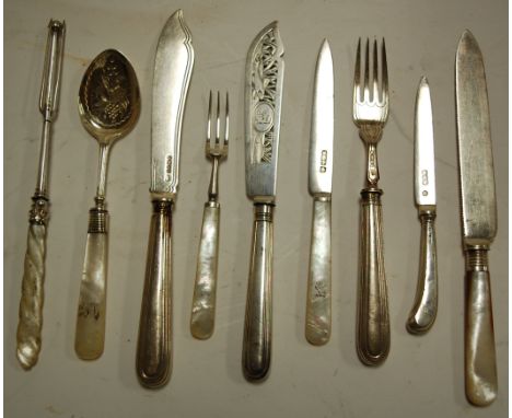 A small quantity of silver bladed knives and forks, to include mother of pearl handled examples and sundry steel bladed table