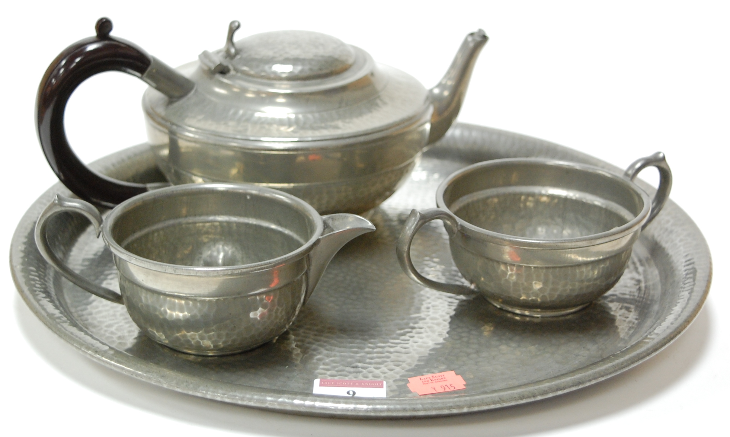 A My Lady English handhammered pewter three piece teaset on tray