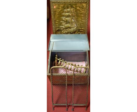 A Dutch embossed brass fuel depot, fire screen, sparkguard, and lacquered fire-front (4)