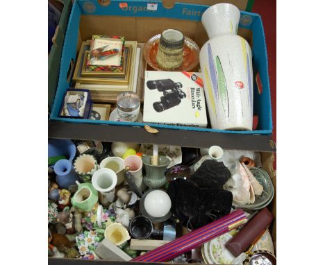 Two boxes of miscellaneous items to include Hummel figures, Wedgwood blue jasper ware vase, Shanklin pottery vase and Carniva