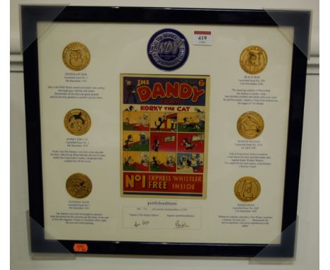 A Portfolio Editions first edition presentation Dandy comic, with various medallions, framed, edition No.140/250, signed and 