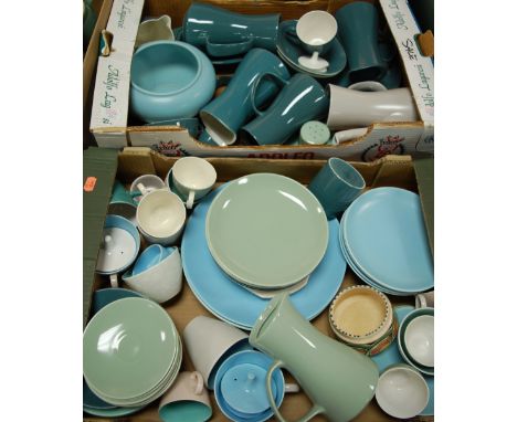 Two boxes of assorted Poole pottery table wares together with a box of Denby stonewares