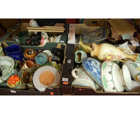 Four boxes of miscellaneous items to include Crown Devon Fieldings vase, Denby stonewares, Poole pottery plate etc