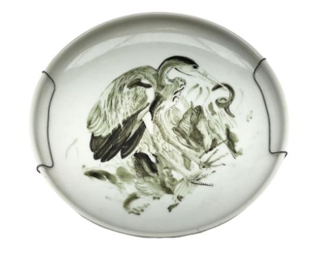 Copenhagen stoneware bowl centrally painted with a Heron amidst grasses, initialled R beneath, D20cm