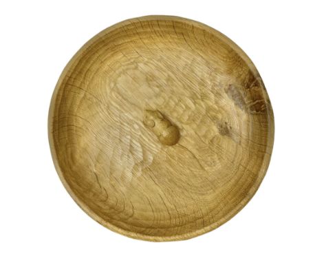 Mouseman, large adzed figured Yorkshire oak circular bowl, centre mouse signature, by Robert Thompson of Kilburn, D31cm