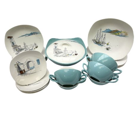 Midwinter Stylecraft Cannes pattern part dinner service, comprising six small dinner plates, six side plates, five twin handl