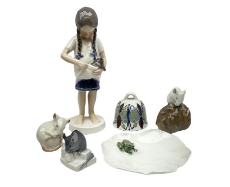 Group of Royal Copenhagen figures, comprising Girl with kitten, no.1779, White mouse on a chestnut, no.63, Mouse on a step, n