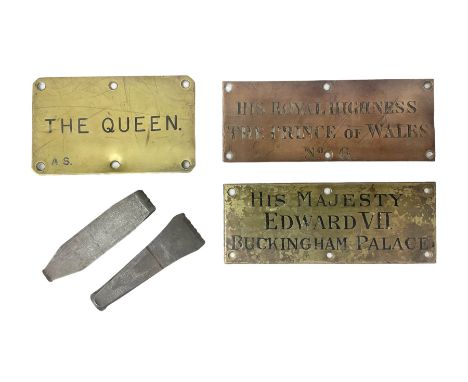 Two brass door plates, stamped 'The Queen' A.S.' and 'His Majesty Edward VII Buckingham Palace', together with a copper examp