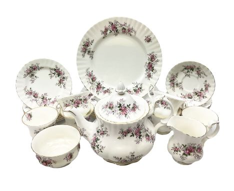 Royal Albert Lavender Rose pattern tea service for six place settings, comprising teapot, six cups and saucers, milk jug, ope