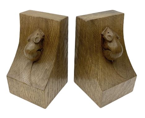 Mouseman - pair of adzed Yorkshire oak bookends, carved 'Fat' mouse signature, by Robert Thompson of Kilburn, H15.5cm
