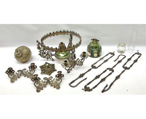 Dutch rise and fall brass ceiling light, cast with figures and foliate scrolls to six candle sconces, central oil lamp with M