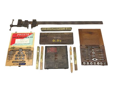 Two boxed stock and die sets to include a Presto example, together with other tools including a cased bore gauge set, five br