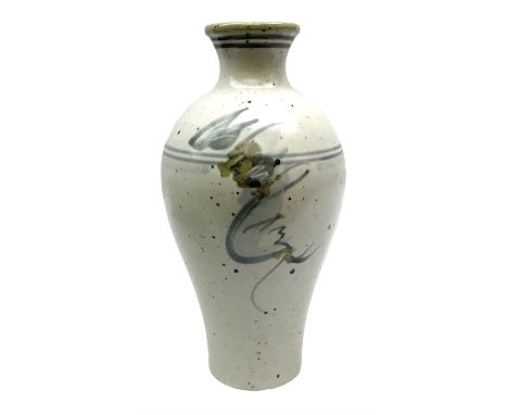 Studio pottery vase of baluster form with a light mottled blue ground with abstract painted decoration, H26cm