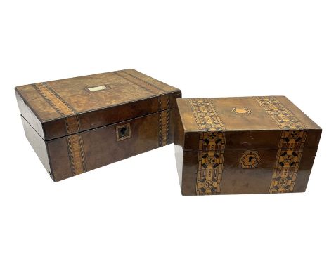 Late 19th century walnut box of hinged rectangular form with bands of geometric inlay, together with a similar larger example