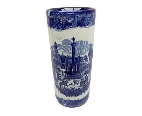 Blue and white stick stand decorated with transfer printed cityscape, H44cm