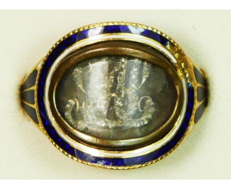 A George III gold, blue and white enamel, woven hair and rose cut diamond mourning ring, inscribed Mary, Scriven, Ot 6th July
