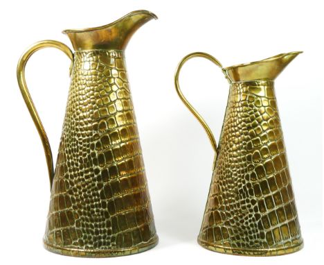 A Joseph Sankey &amp; Sons Art Nouveau pitcher, brass, decorated with embossed crocodile skin pattern, riveted curved handle,