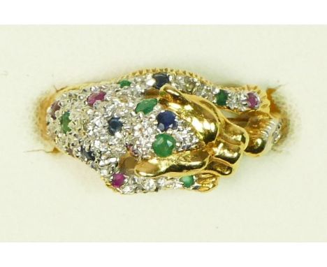 An 18ct gold, diamond, ruby, emerald and sapphire leopard ring, by ZJ, London 1991, realistically modelled, I 1/2, 3.6gmIn ve