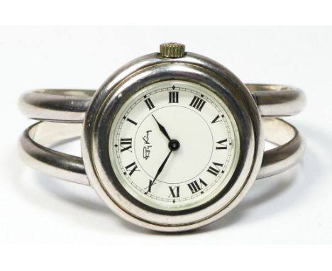 Roy King, a silver manual wind ladies wristwatch, London 1978, white enamel dial, 31mm, expanding bangle. Working when catalo