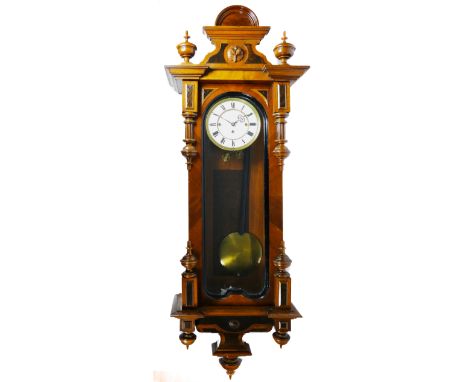 A late 19th century mahogany Vienna regulator wall clock, inlaid with burr-walnut sumounts, the eight-day duration three weig