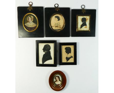 A portrait miniature on card of a lady with pearls, 5. 5 x 4cm, another on card of a lady with bonnet7.5 x 6cm, three silhoue