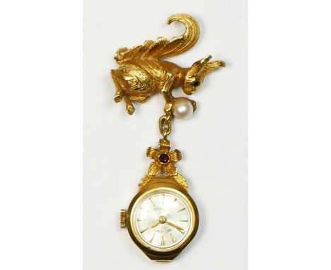 Rotary, 9ct gold novelty key less wind ladies squirrel fob watch, both by SD, London 1963/64, the squirrel with ruby eye, hol