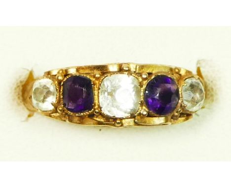 A Victorian 15ct gold, possibly aquamarine and amethyst five stone ring, stamped 15c, ?, 15c, scroll collet set with graduate