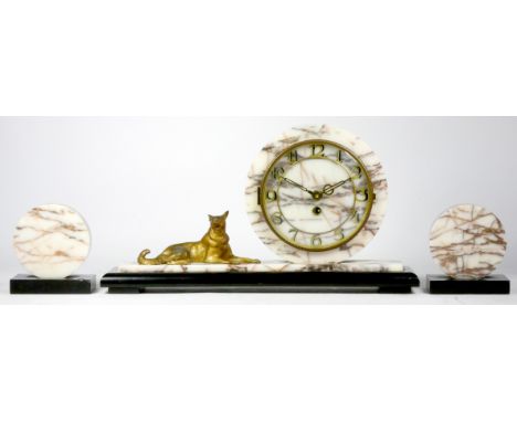 A 1920s/30s Art Deco veined marble clock & garniture, the circular brass dial with Arabic numerals, having manual wind moveme