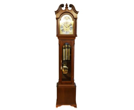 A modern Westminster chime longcase clock by Sewills, the mahogany case with brass dial embossed gilt decoration, silvered ch