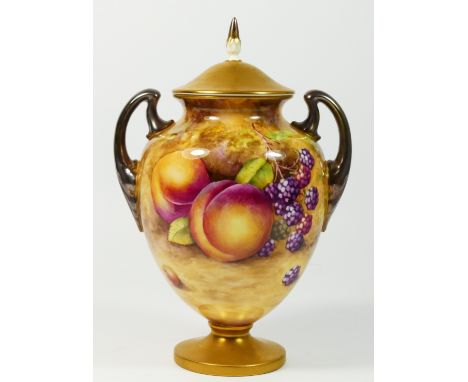 A Royal Worcester twin handled lidded vase, Painted Fruits, signed by artist, T.Nutt, stamped on base 2701 4/5, 20cm tallCond