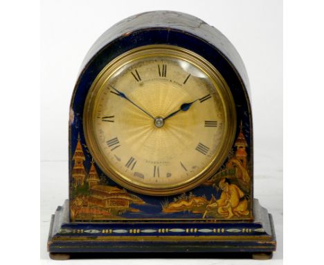 A French gilded blue lacquer chinoiserie mantel clock, the painted case depicting oriental scenes, housing an eight day movem